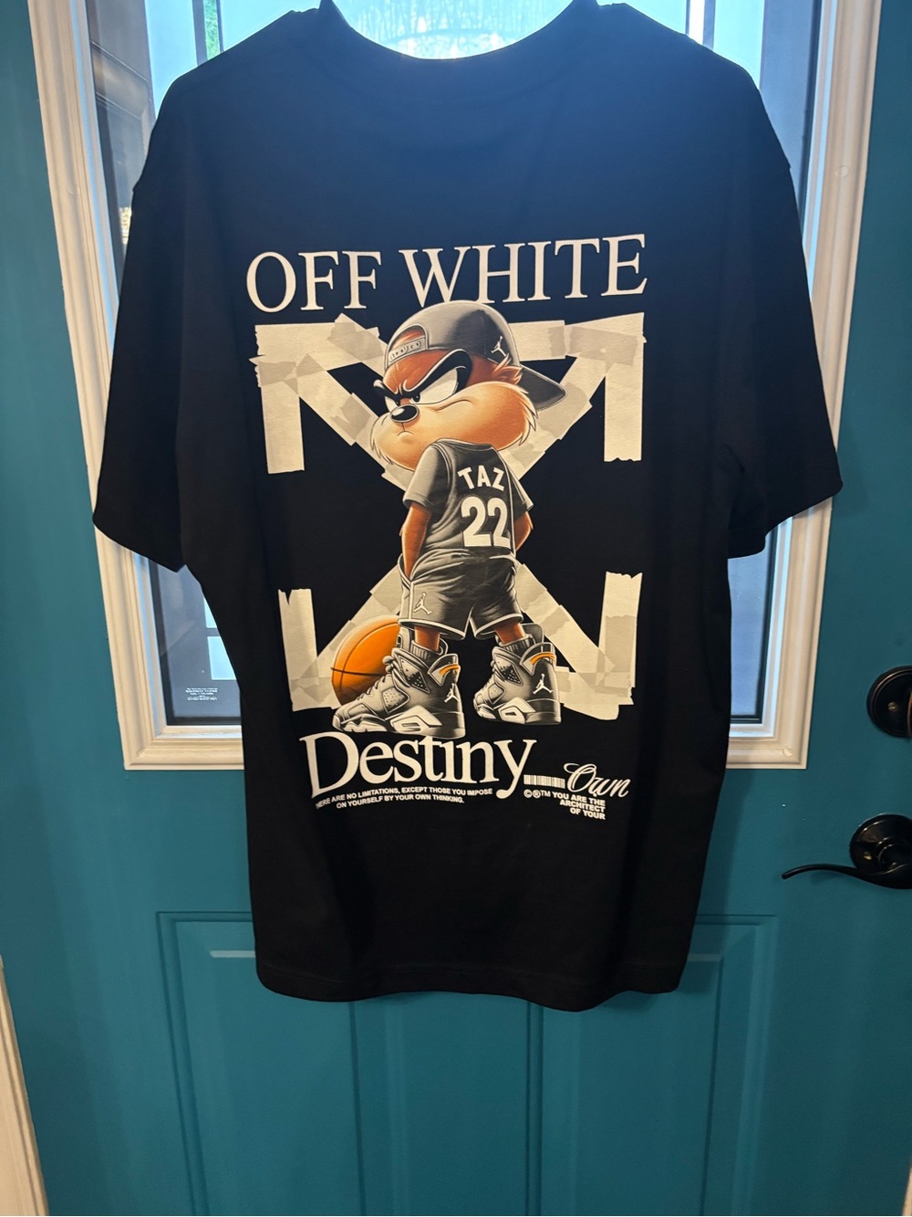 Off-White Black Graphic Tee with Taz Basketball Design